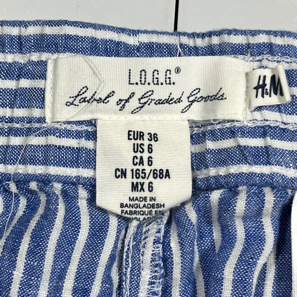 HM Fisherman Euro Summer Striped 100% Linen Drawstring Pants Women 6 Preppy Boho